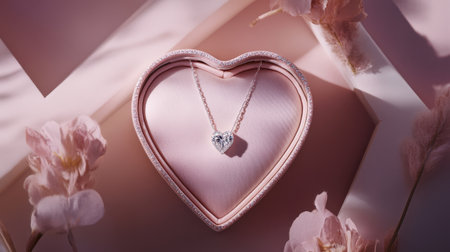 This elegant image features a heart-shaped jewelry box showcasing a delicate necklace, beautifully arranged with soft pastel colors and floral elements.の素材