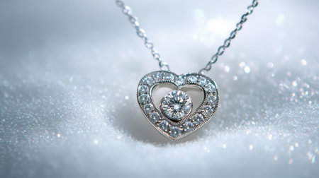 This exquisite heart-shaped diamond pendant necklace glistens beautifully against a soft snowy background, capturing elegance and romance in every detail.の素材
