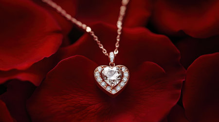 A stunning close-up of an elegant heart-shaped diamond pendant necklace resting on vivid rose petals, perfect for expressing love and romance.の素材