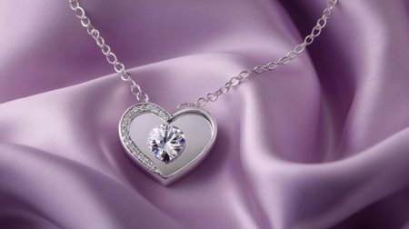 This stunning heart pendant necklace hangs gracefully on soft lavender satin, ideal for showcasing elegance in jewelry design. Perfect for romantic occasions.の素材