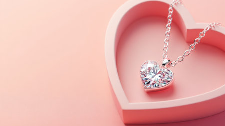 A gorgeous heart-shaped necklace featuring a brilliant diamond pendant rests elegantly within a soft pink heart on a smooth backdrop, perfect for conveying love.の素材