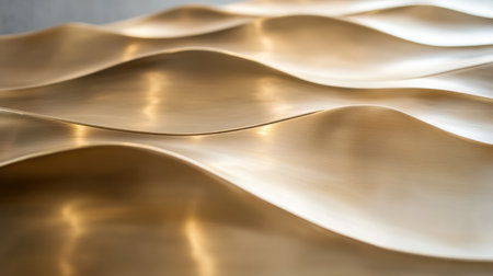 This image features a stunning gold metal surface with soft, wavy patterns and reflective qualities, perfect for modern interior decor or artistic projects.の素材