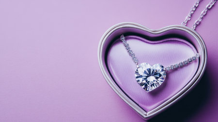 This stunning heart-shaped diamond necklace is showcased in a stylish box against a soft purple backdrop, perfect for romantic gifts or special occasions.の素材