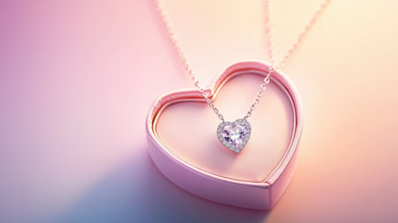 Discover an elegant heart-shaped necklace nestled in a charming pink box, set against a soft gradient background, perfect for romantic moments.の素材
