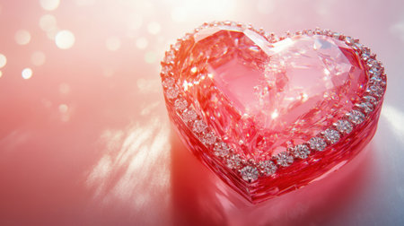 A stunning heart-shaped gemstone box adorned with sparkling diamonds, set against a soft pink background, perfect for romantic occasions and celebrations.の素材