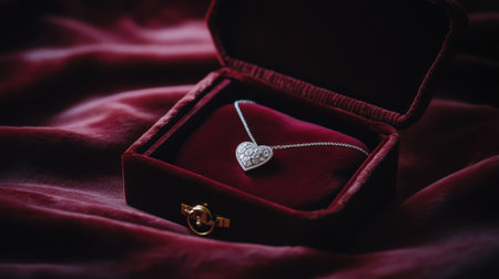 This image features an elegant heart-shaped silver necklace placed delicately in a luxurious red velvet box on soft fabric. Perfect for conveying themes of love and luxury.の素材