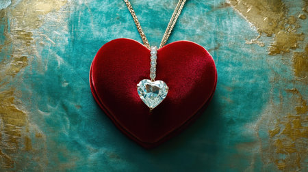 This captivating image features a heart-shaped velvet jewelry box with a sparkling pendant, set against a textured background, evoking love and romance.の素材