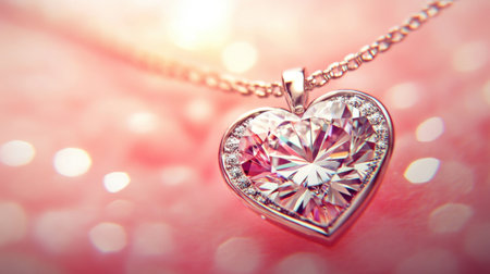A breathtaking heart-shaped diamond pendant necklace glimmers with intricate details, set against a soft pink background, perfect for romantic gifts.の素材