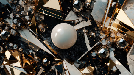 A stunning abstract composition featuring geometric shapes in marble and gold, with a white sphere at the center, creating a luxurious and modern aesthetic.の素材