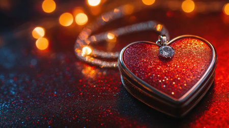 A beautifully crafted heart-shaped pendant featuring sparkling glitter in vibrant red tones, set against a dreamy background of warm bokeh lights.の素材