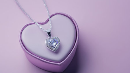 A stunning heart-shaped necklace rests elegantly in a soft pink jewelry box, set against a dreamy purple background, perfect for romantic gifts.の素材
