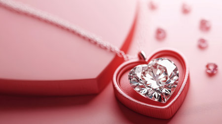 A stunning heart-shaped pendant featuring a sparkling crystal stone, set against a soft pink background. Ideal for romantic gifts or jewelry collections.の素材