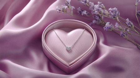 This exquisite image showcases a heart-shaped jewelry box containing a silver necklace, surrounded by lavender flowers on soft pink satin, perfect for romantic gifts.の素材