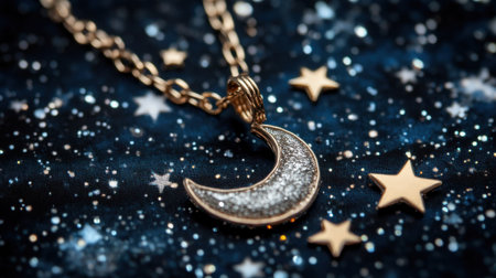 A mesmerizing gold crescent moon necklace shines brightly against a starry backdrop, showcasing its intricate design and sparkling details. Perfect for fashion and style enthusiasts.の素材