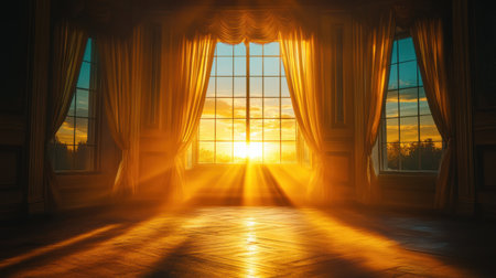 A breathtaking view of a grand room bathed in golden sunlight from a majestic sunrise, casting warm rays through elegant window drapes, creating an enchanting atmosphere.の素材