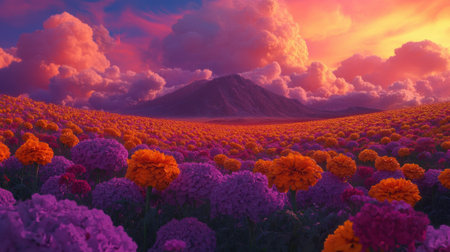 A breathtaking landscape featuring vibrant flowers in full bloom, set against a stunning sunset sky. The warm colors create a peaceful and serene scene.の素材