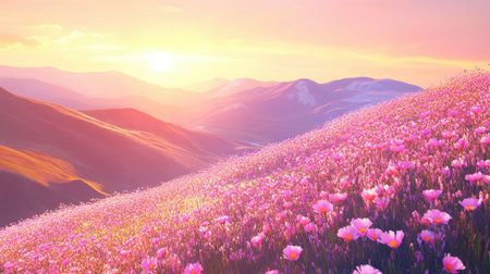 Experience the stunning beauty of a sunrise illuminating a vibrant pink flower field nestled in majestic mountains. This serene landscape captures the essence of nature's tranquility and vibrant colors.の素材