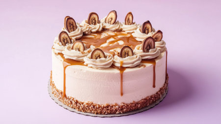 This delectable banana cream cake features a rich frosting and caramel drizzle, beautifully presented on a pastel pink backdrop, perfect for celebrations.の素材