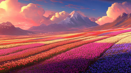 A breathtaking view of a vibrant flower field in stunning colors under a majestic mountain, featuring a dreamy sky at sunset, perfect for nature lovers.の素材
