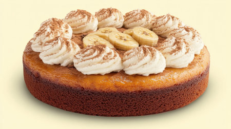A beautifully crafted round cake topped with smooth whipped cream and fresh banana slices, with a touch of chocolate sprinkles. Perfect for gatherings.の素材