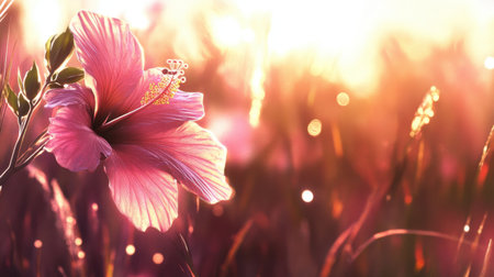 A stunning close-up of a hibiscus flower gently illuminated by sunset light. The soft focus creates an ethereal atmosphere, highlighting nature's beauty.の素材