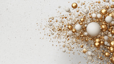 This stunning abstract image showcases a dynamic explosion of gold and white spheres against a textured white background, ideal for creative projects.の素材