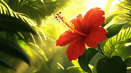 A stunning red hibiscus flower stands out amidst the lush greenery of a tropical jungle, bathed in warm sunlight. The vibrant petals and intricate details create a serene atmosphere, perfect for nature lovers.の素材