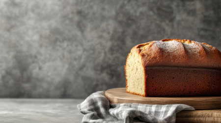A freshly baked loaf cake rests elegantly on a wooden serving board, accompanied by a soft grey cloth, set against a textured background, perfect for culinary photography.の素材