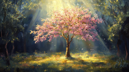 A breathtaking scene of a pink flowering tree illuminated by sunlight in a serene forest, capturing the essence of springtime beauty and tranquility.の素材