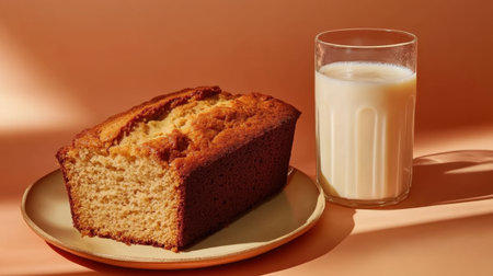 A beautifully arranged scene featuring a freshly baked loaf of bread alongside a glass of milk, creating a cozy and inviting atmosphere for any meal.の素材