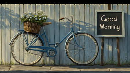 A charming blue bicycle adorned with a flower basket leans against a wooden fence, complemented by a cheerful "Good Morning" sign, perfect for evoking a cozy urban atmosphere.の素材