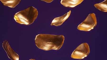 This stunning image features golden petals elegantly floating against a deep purple background, creating a captivating and artistic visual for creative projects.の素材