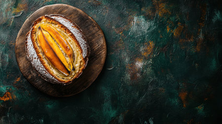 A stunning image of freshly baked bread filled with banana, beautifully presented on a rustic wooden board, showcasing the warm, inviting colors and textures.の素材
