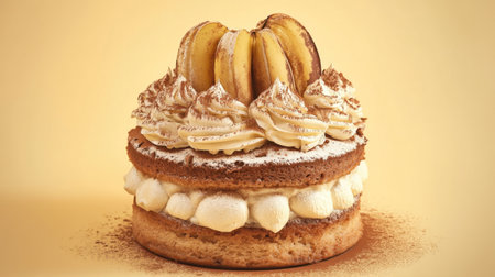 A stunning dessert featuring layers of banana cake topped with creamy frosting and elegant banana slices, perfect for celebrations and events.の素材