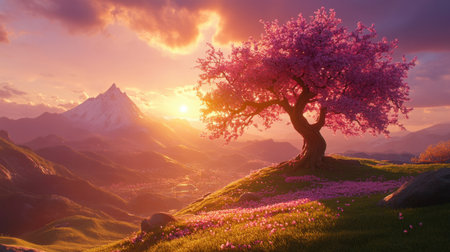 Experience a serene sunset illuminating a pink cherry blossom tree against a majestic mountain backdrop, creating a picturesque landscape filled with tranquility.の素材