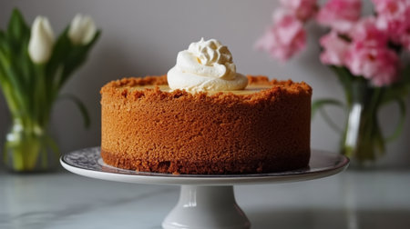 A mouthwatering vanilla cheesecake adorned with a dollop of whipped cream, served elegantly on a plate, accompanied by fresh flowers, perfect for celebration.の素材