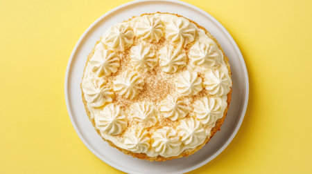 A beautiful round cake topped with creamy whipped topping, set on a white plate against a vibrant yellow backdrop, perfect for any celebration.の素材