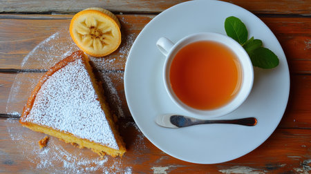 A mouthwatering slice of lemon cake dusted with powdered sugar, accompanied by a cup of tea and fresh lemon, perfect for a cozy moment.の素材