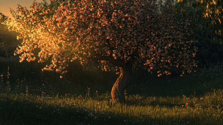 A picturesque scene featuring a blooming apple tree bathed in warm golden light during dusk, surrounded by lush green grass, offering tranquility and beauty.の素材