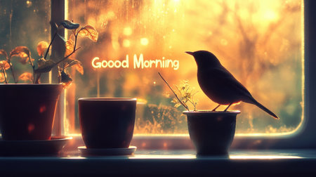A peaceful morning scene showcases a bird silhouette perched beside a window, with warm sunlight illuminating plants and pots. This image captures the beauty of nature awakening indoors, creating a tranquil atmosphere perfect for evoking a sense of calm and serenity.の素材