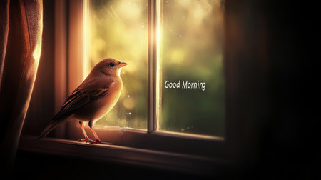 A charming small bird rests by a window, bathed in gentle morning sunlight, creating a serene and uplifting atmosphere, perfect for nature lovers.の素材