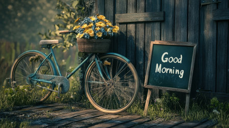 A charming vintage bicycle adorned with vibrant flowers rests beside a wooden fence, featuring a cheerful "Good Morning" sign in a sunny garden setting.の素材
