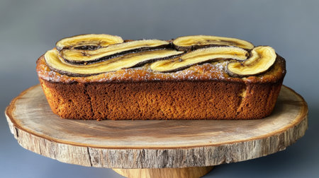 A beautifully presented banana bread with rich chocolate swirls sits on a rustic wooden pedestal against a soft grey background, perfect for dessert lovers.の素材