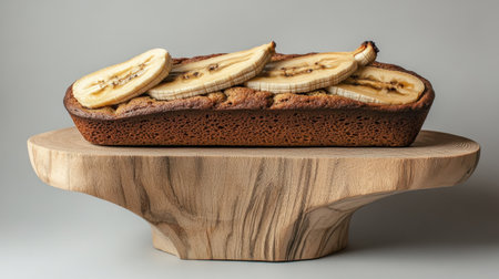 A beautifully presented loaf of banana bread topped with fresh banana slices, elegantly displayed on a wooden stand, perfect for culinary inspiration.の素材