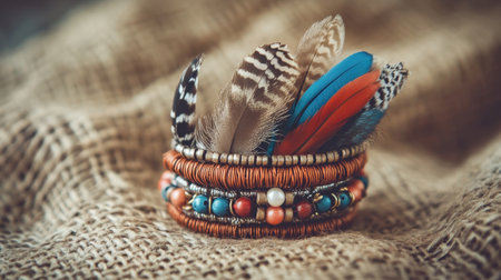 A vibrant handmade bracelet featuring feathers and beads showcases its artistic design against a soft, textured fabric background. Perfect for fashion enthusiasts.の素材