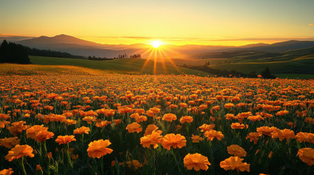 A breathtaking sunrise illuminates a field filled with vibrant orange flowers, creating a serene landscape with rolling hills in the distance.の素材