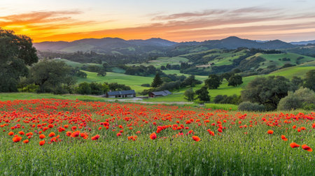 A breathtaking view of vibrant orange poppies in a lush green field, set against rolling hills and a colorful sunset sky, capturing nature's beauty.の素材