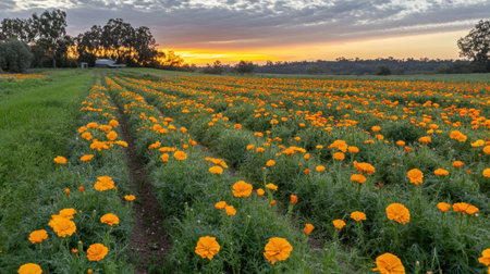 A stunning view of a vast field filled with vibrant orange flowers, showcasing nature's beauty under a breathtaking sunset in a serene rural setting.の素材
