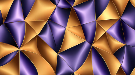 This abstract geometric design showcases a captivating blend of gold and purple textures. The intricate patterns create a dynamic visual with smooth reflective surfaces, perfect for modern decor, wallpaper, or artistic backgrounds.の素材