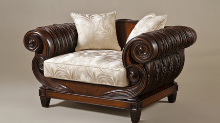 This ornate antique armchair features elegant upholstery and intricate decorative carvings, perfect for adding a touch of classic luxury to any living space.の素材